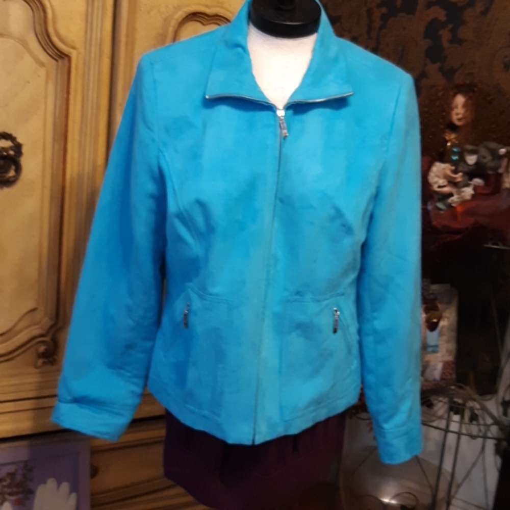 Womens blue teal jacket long sleeve coat EVAN PICONE faux suede sz 12 - Picture 3 of 7